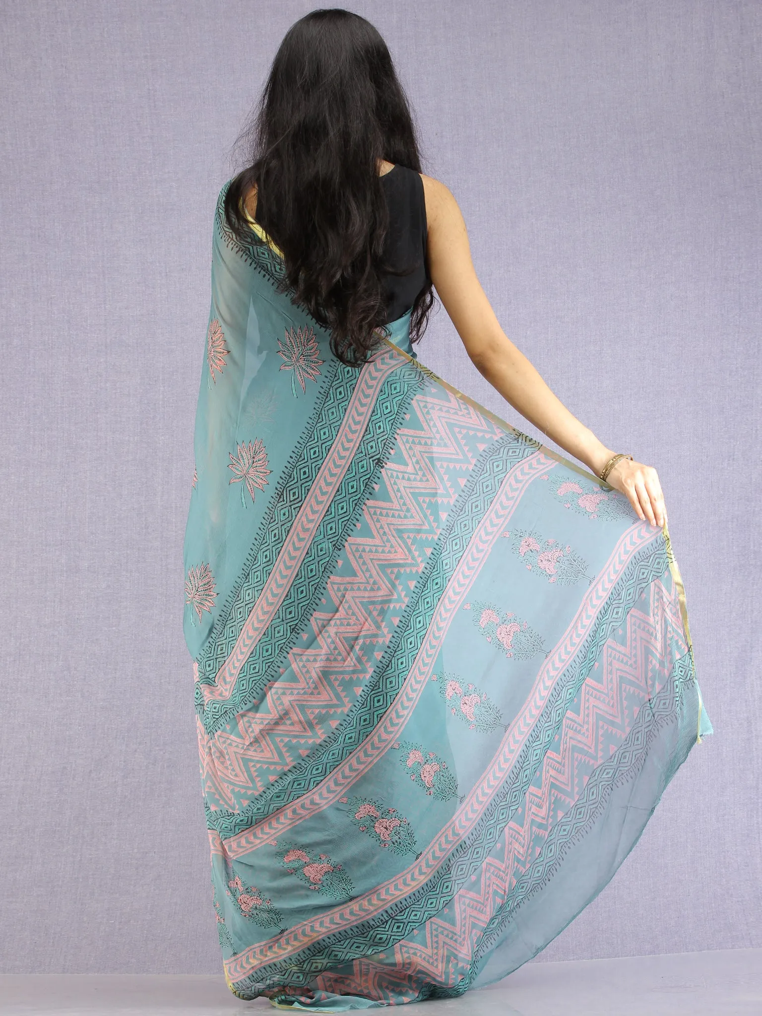 Turquoise Coral Green Hand Block Printed Chiffon Saree with Zari Border - S031704613