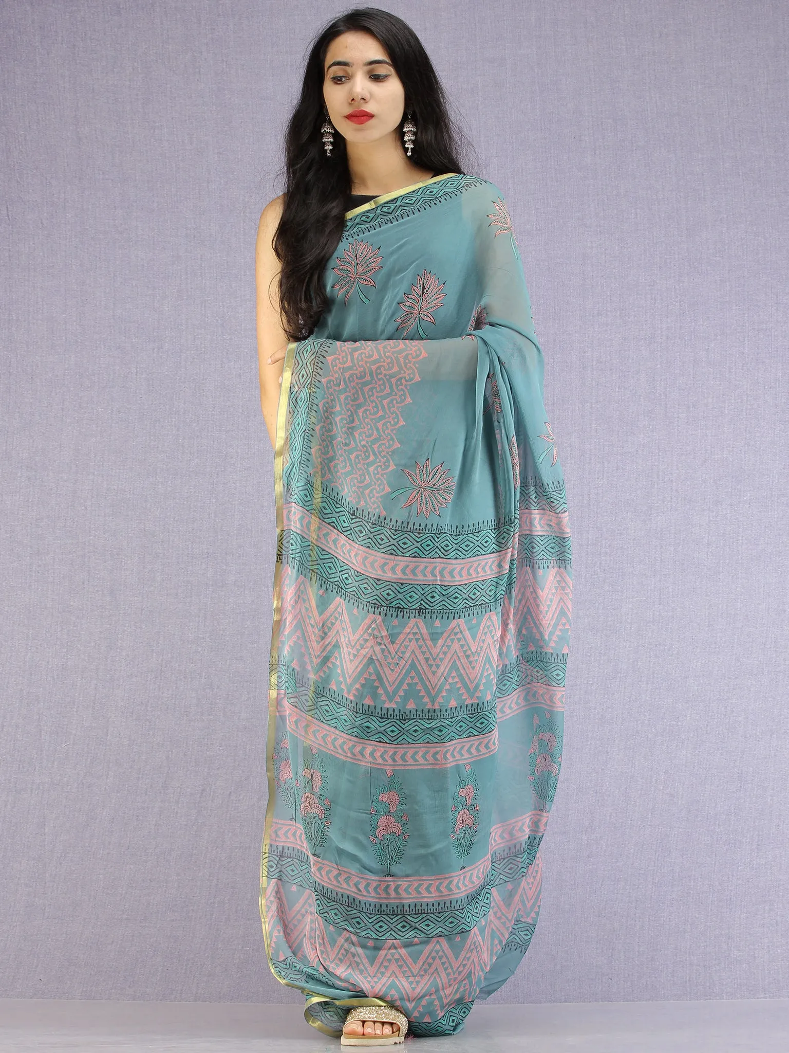 Turquoise Coral Green Hand Block Printed Chiffon Saree with Zari Border - S031704613