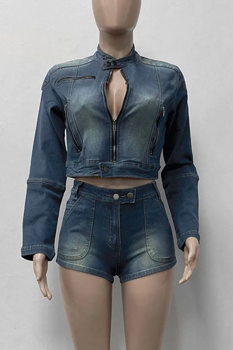 UK0395 Denim Jacket and Shorts Set