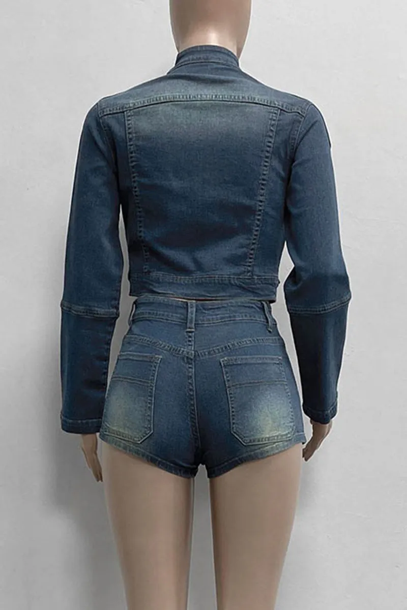 UK0395 Denim Jacket and Shorts Set