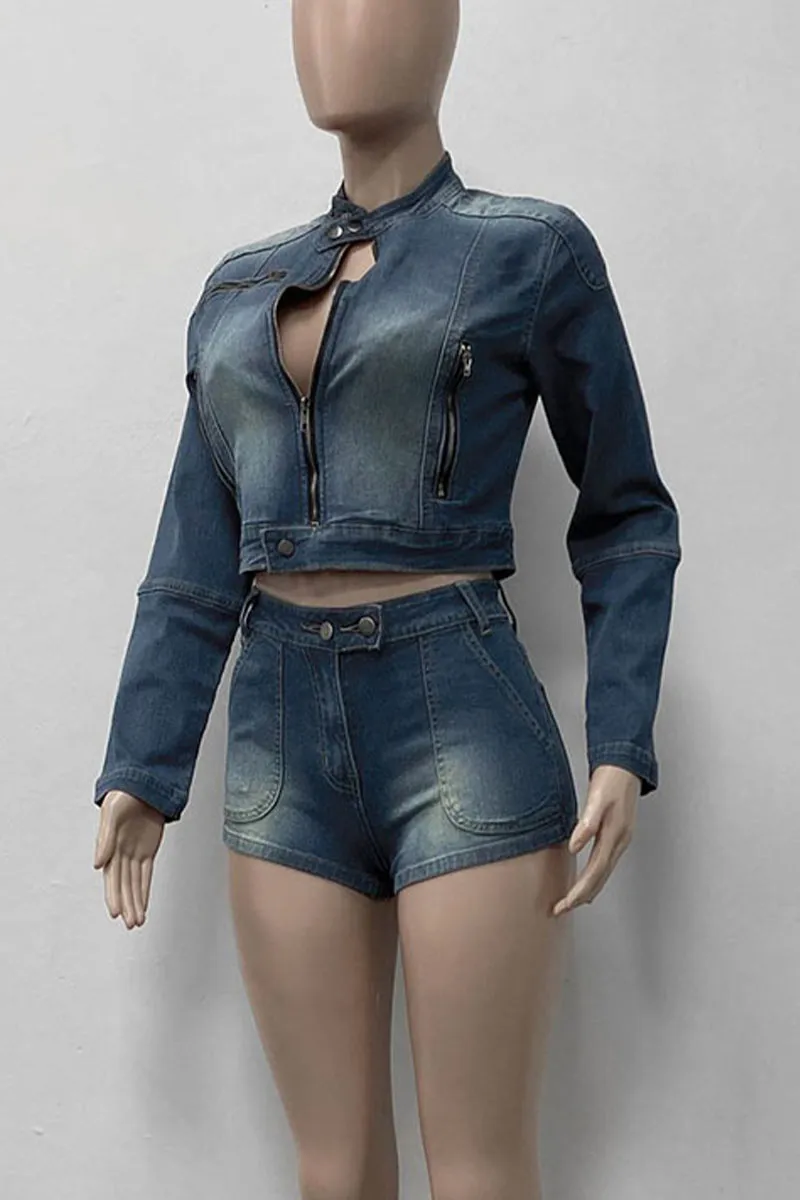 UK0395 Denim Jacket and Shorts Set
