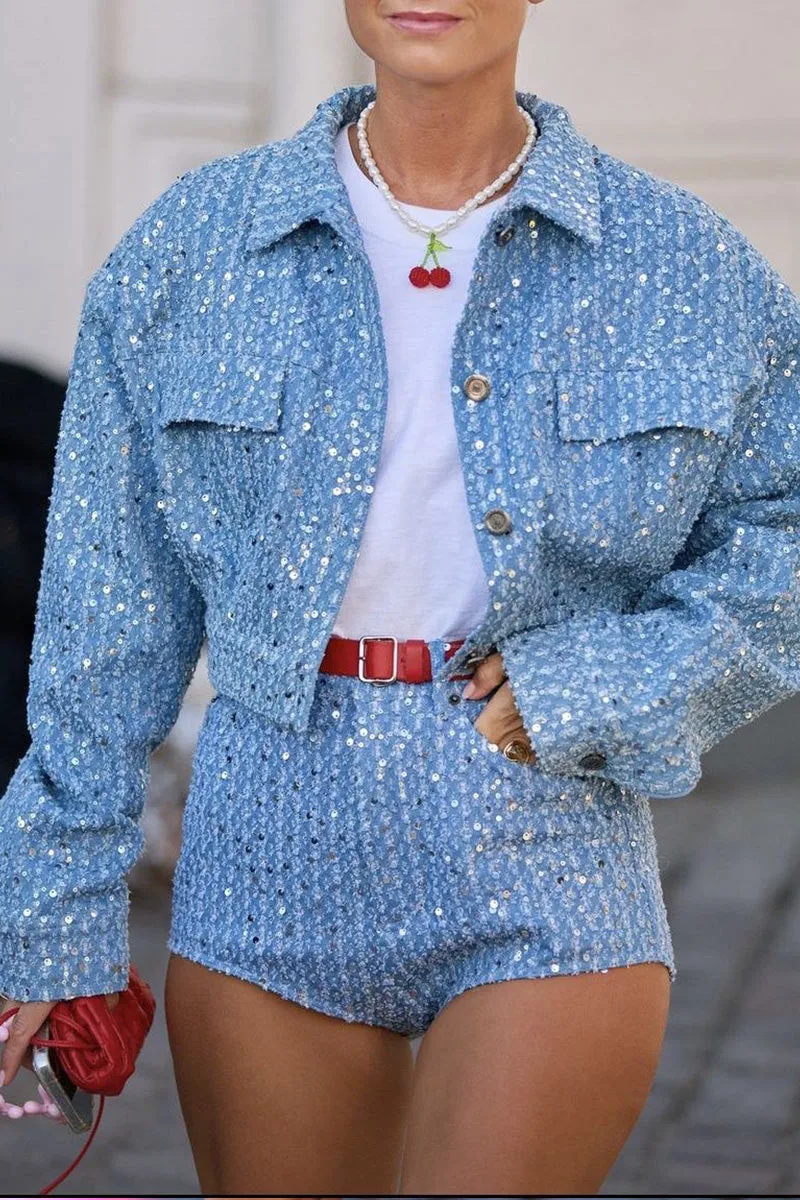 UL0260 Sequins Denim Jacket and Shorts Set