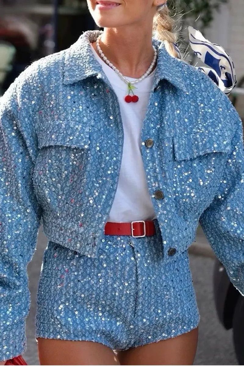 UL0260 Sequins Denim Jacket and Shorts Set