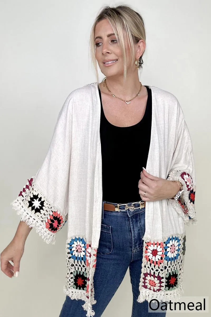 Umgee Linen Blend Patch Crochet Kimono
