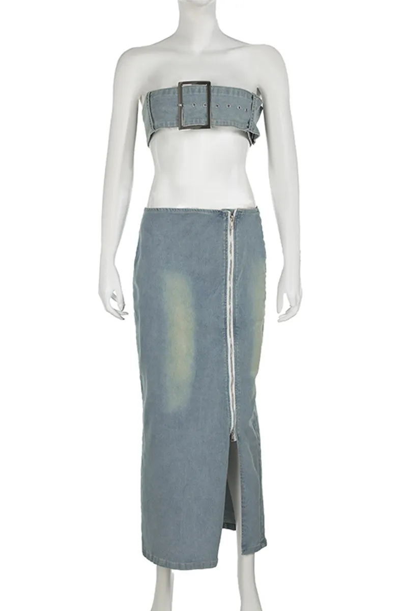 UQ3315 Denim Tube and Skirt Set