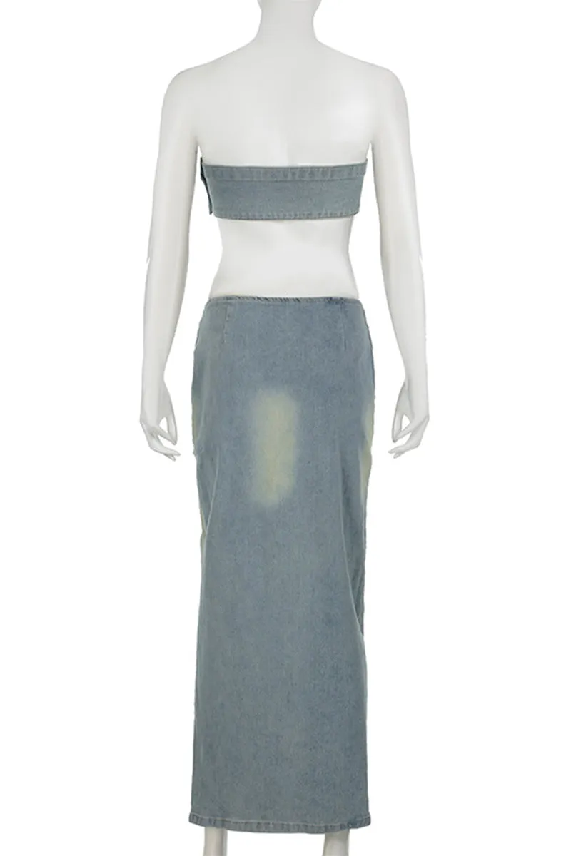 UQ3315 Denim Tube and Skirt Set