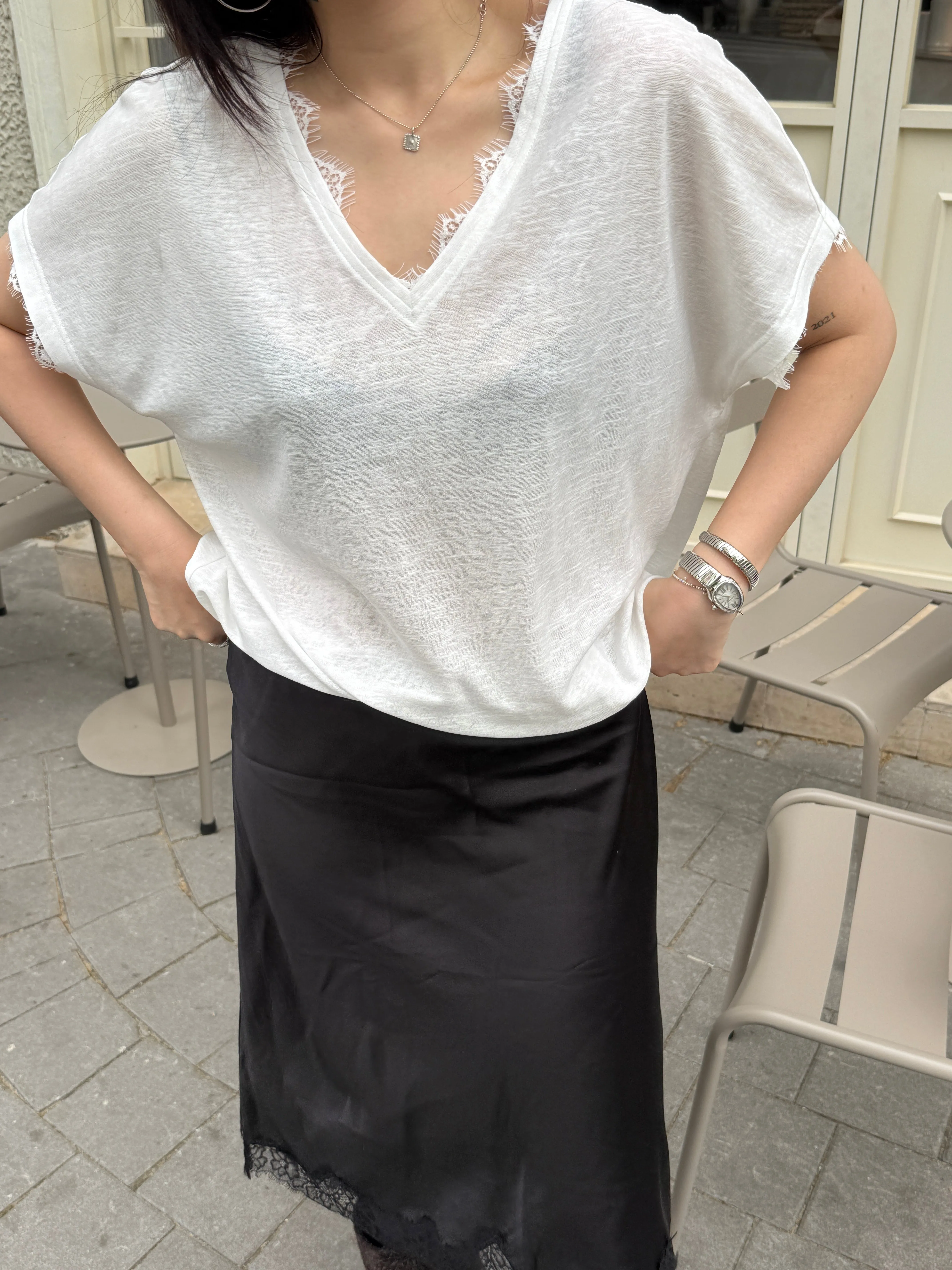 V-Neck Tee with Lace Trim