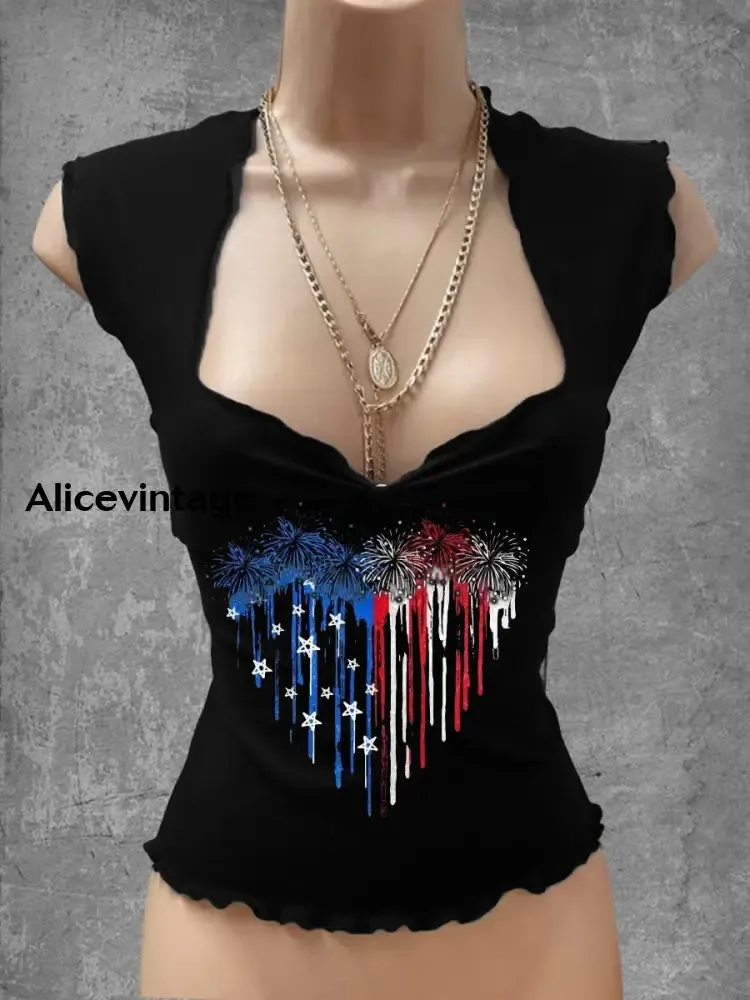 Vintage American Flag Heart Art Print V-Neck Casual Top