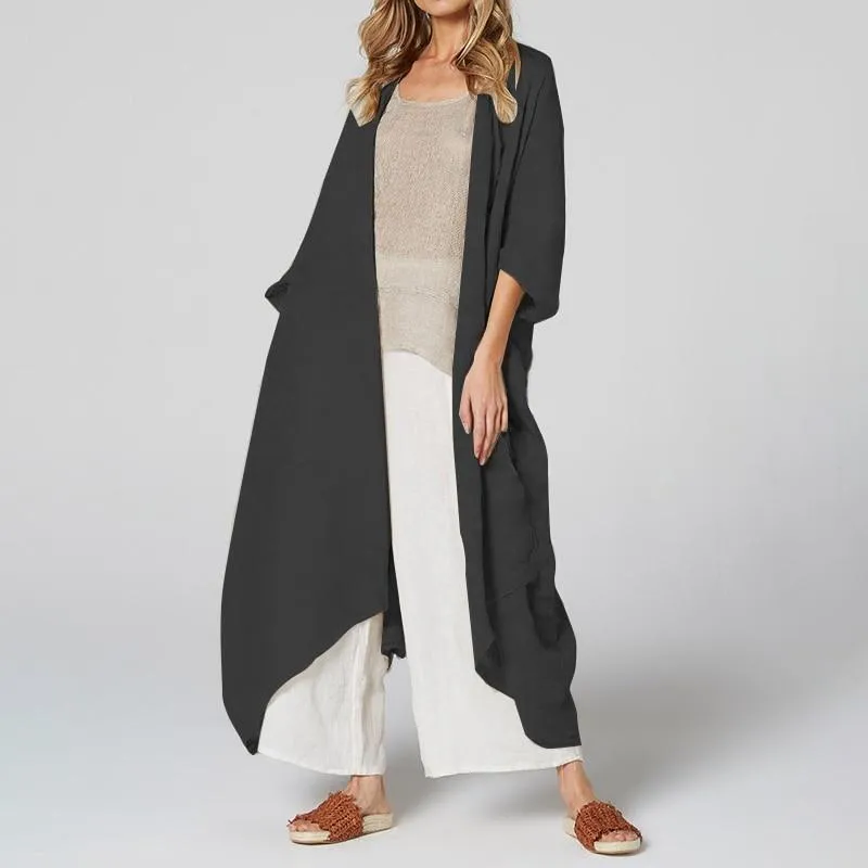 Vintage Beach Cover Up Solid Belted Casual Loose Blouse Plus Size Cardigan Kimono Linen