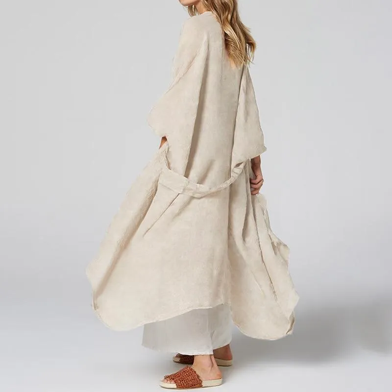 Vintage Beach Cover Up Solid Belted Casual Loose Blouse Plus Size Cardigan Kimono Linen