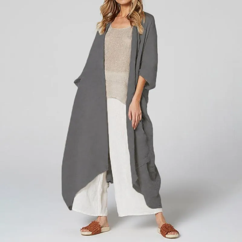 Vintage Beach Cover Up Solid Belted Casual Loose Blouse Plus Size Cardigan Kimono Linen