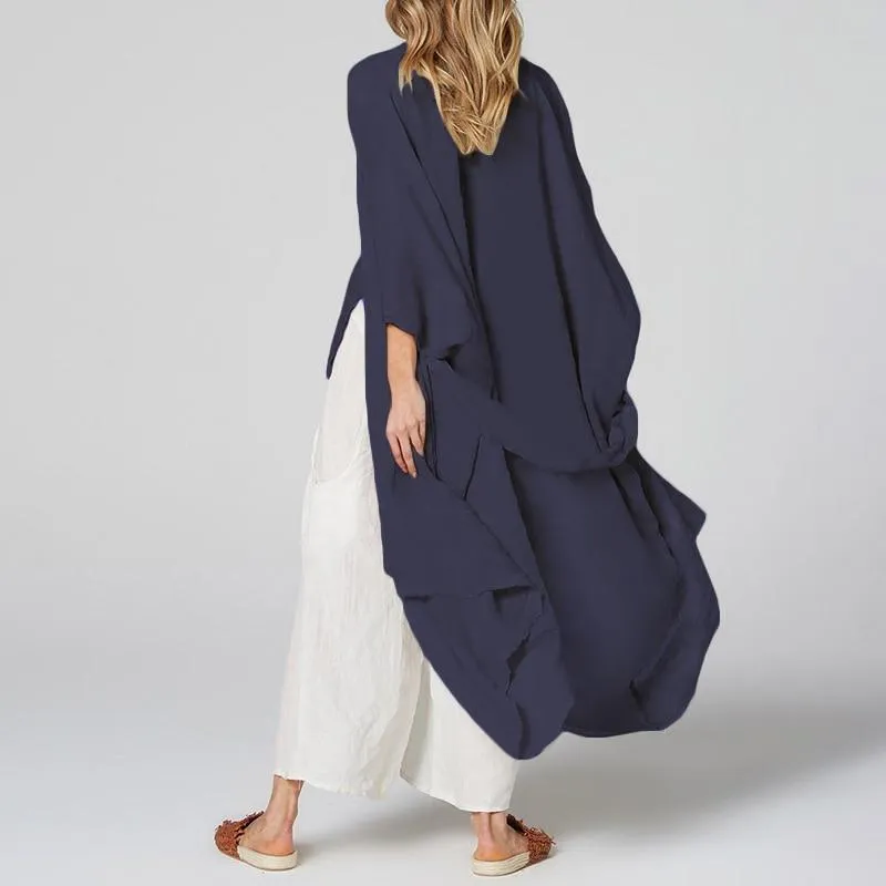 Vintage Beach Cover Up Solid Belted Casual Loose Blouse Plus Size Cardigan Kimono Linen