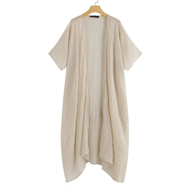 Vintage Beach Cover Up Solid Belted Casual Loose Blouse Plus Size Cardigan Kimono Linen