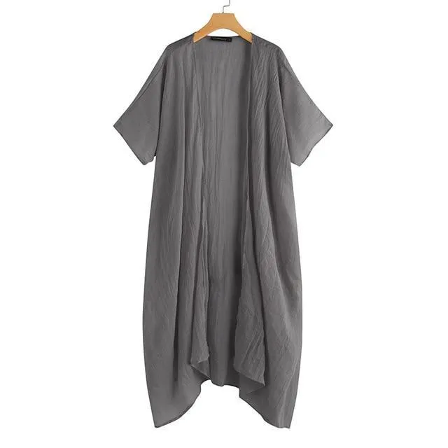 Vintage Beach Cover Up Solid Belted Casual Loose Blouse Plus Size Cardigan Kimono Linen