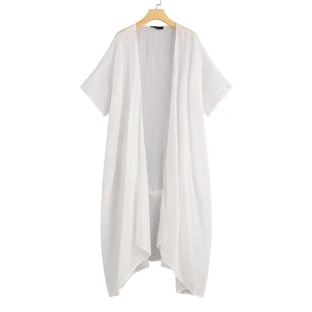 Vintage Beach Cover Up Solid Belted Casual Loose Blouse Plus Size Cardigan Kimono Linen