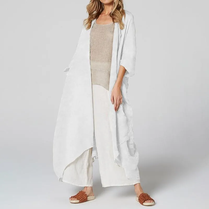 Vintage Beach Cover Up Solid Belted Casual Loose Blouse Plus Size Cardigan Kimono Linen