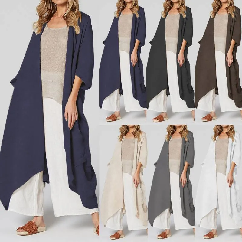 Vintage Beach Cover Up Solid Belted Casual Loose Blouse Plus Size Cardigan Kimono Linen
