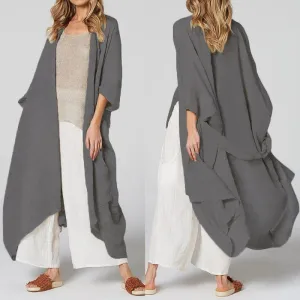 Vintage Beach Cover Up Solid Belted Casual Loose Blouse Plus Size Cardigan Kimono Linen