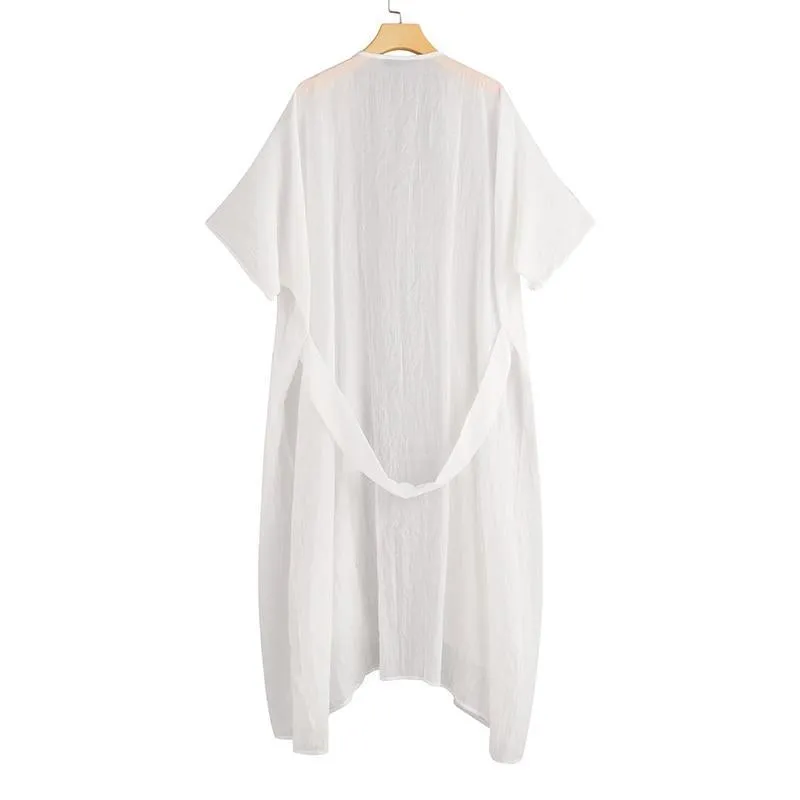 Vintage Beach Cover Up Solid Belted Casual Loose Blouse Plus Size Cardigan Kimono Linen