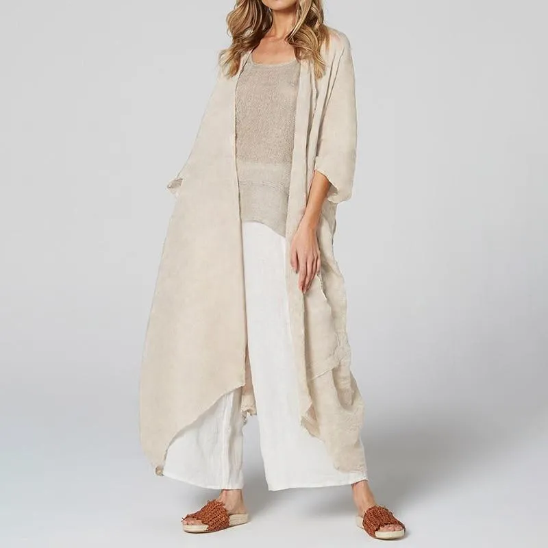 Vintage Beach Cover Up Solid Belted Casual Loose Blouse Plus Size Cardigan Kimono Linen