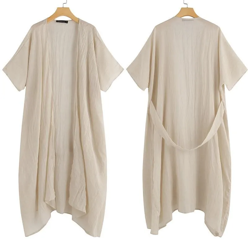 Vintage Beach Cover Up Solid Belted Casual Loose Blouse Plus Size Cardigan Kimono Linen