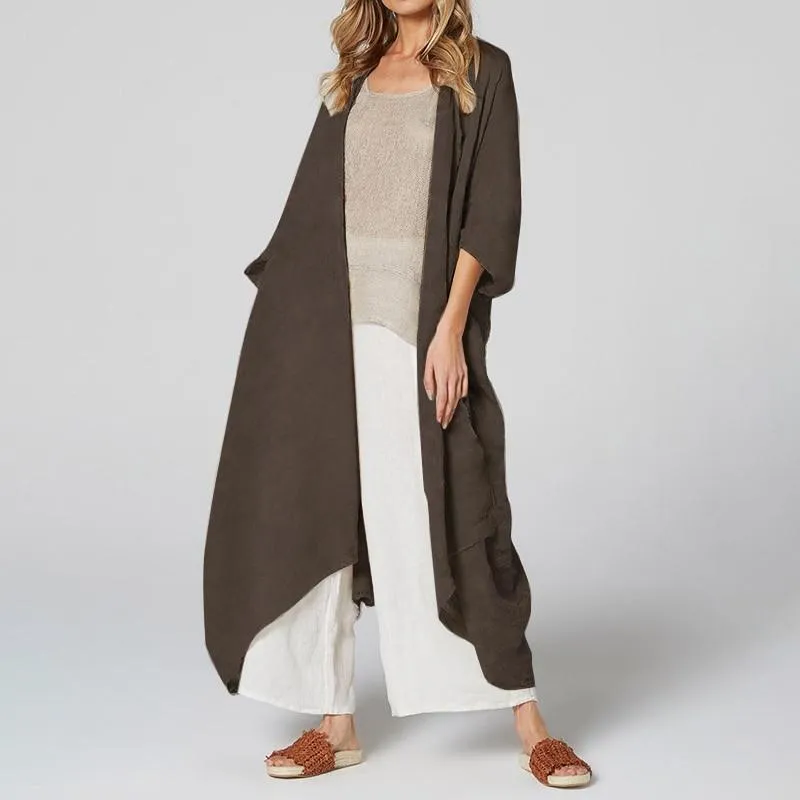 Vintage Beach Cover Up Solid Belted Casual Loose Blouse Plus Size Cardigan Kimono Linen
