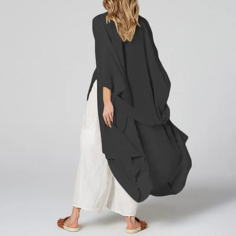 Vintage Beach Cover Up Solid Belted Casual Loose Blouse Plus Size Cardigan Kimono Linen