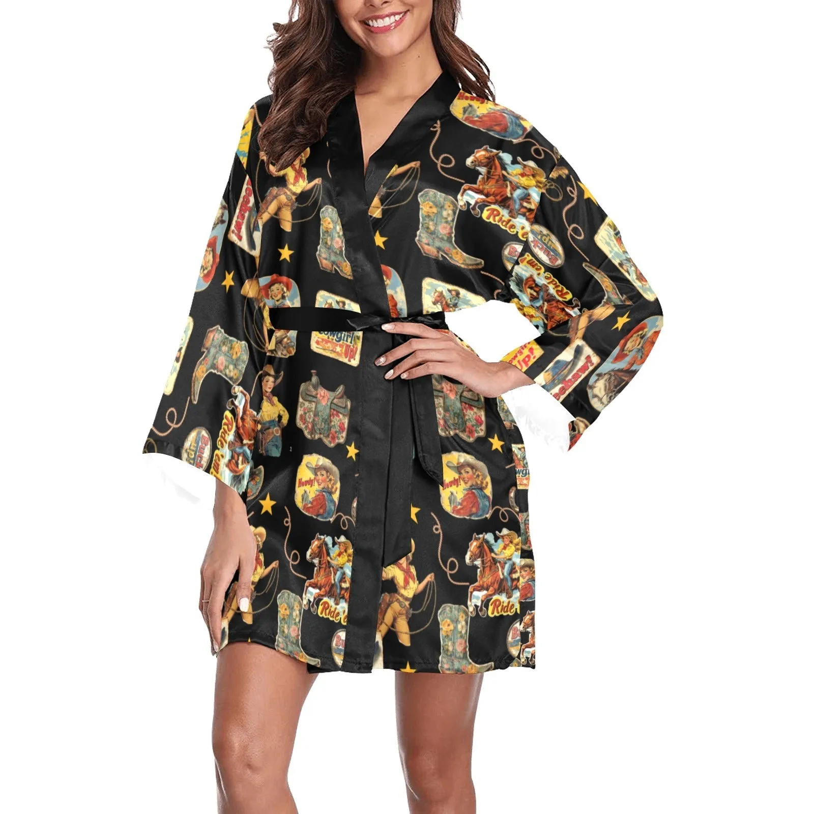 Vintage Cowgirl College Satin Kimono Robe