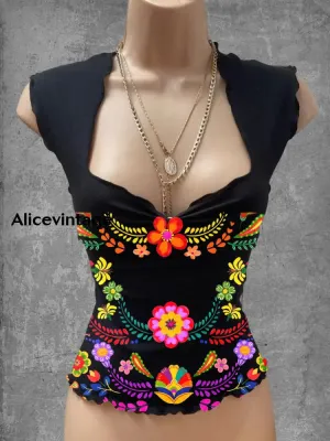 Vintage Mexican Floral Art Print V-Neck Casual Top