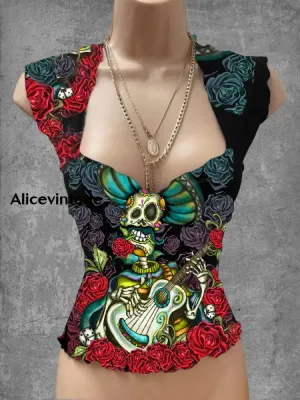 Vintage Mexican Floral Art Print V-Neck Casual Top