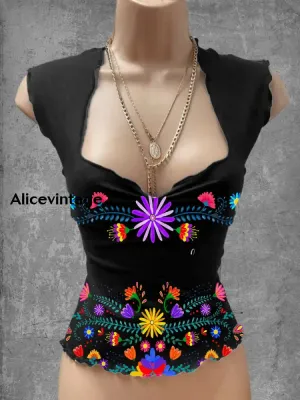 Vintage Mexican Floral Art Print V-Neck Casual Top