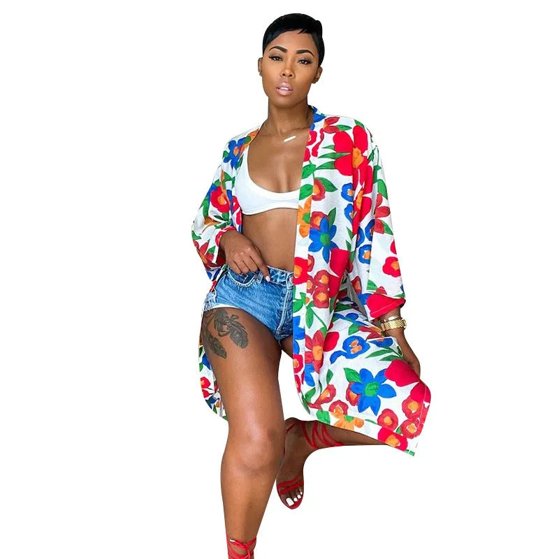 Vivid Floral Loose-Fit Open-Front Kimono Jacket for Stylish Layering