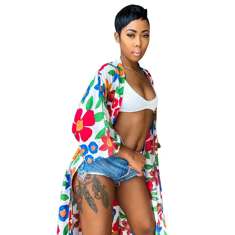 Vivid Floral Loose-Fit Open-Front Kimono Jacket for Stylish Layering