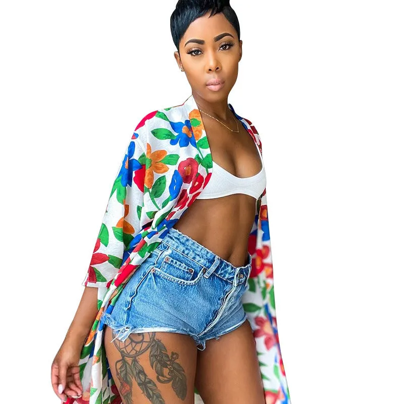 Vivid Floral Loose-Fit Open-Front Kimono Jacket for Stylish Layering
