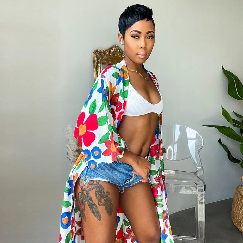 Vivid Floral Loose-Fit Open-Front Kimono Jacket for Stylish Layering