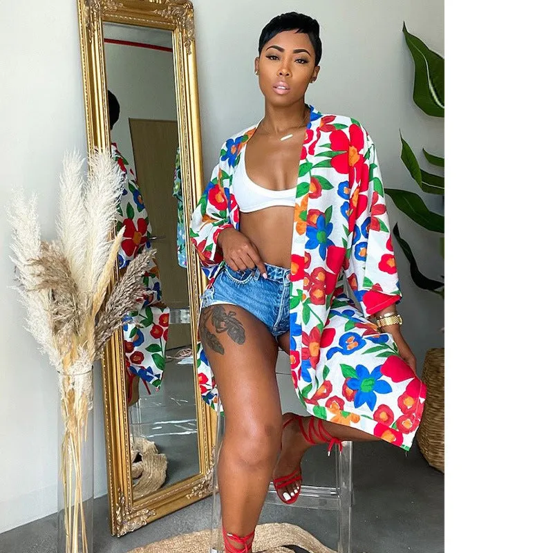 Vivid Floral Loose-Fit Open-Front Kimono Jacket for Stylish Layering