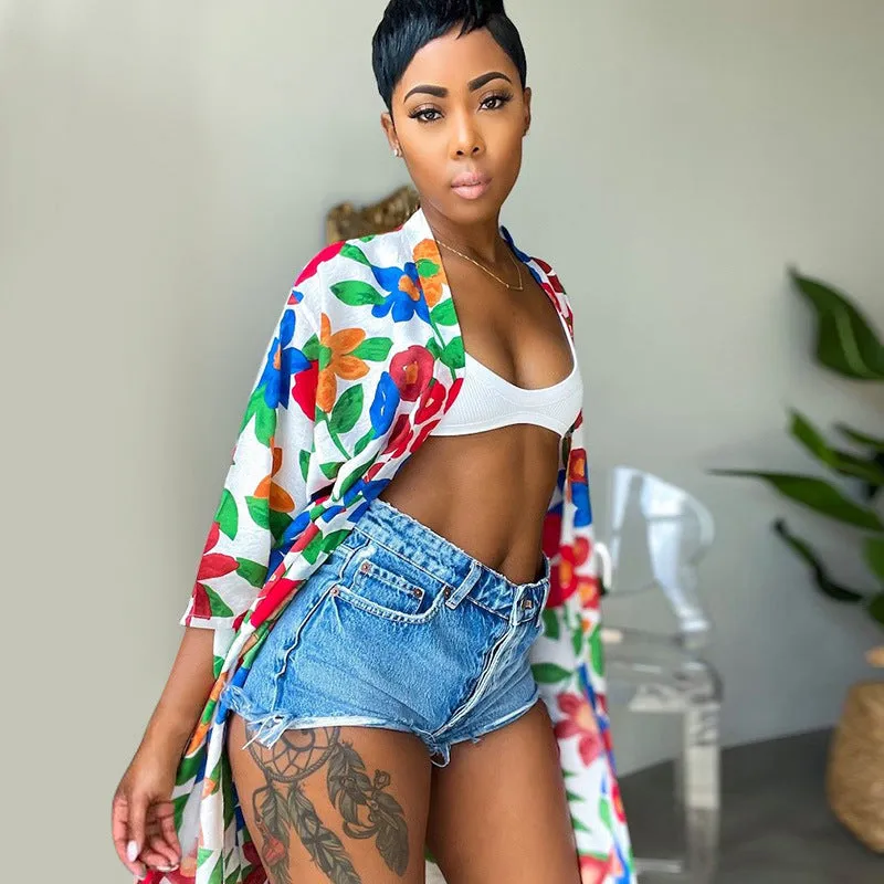 Vivid Floral Loose-Fit Open-Front Kimono Jacket for Stylish Layering