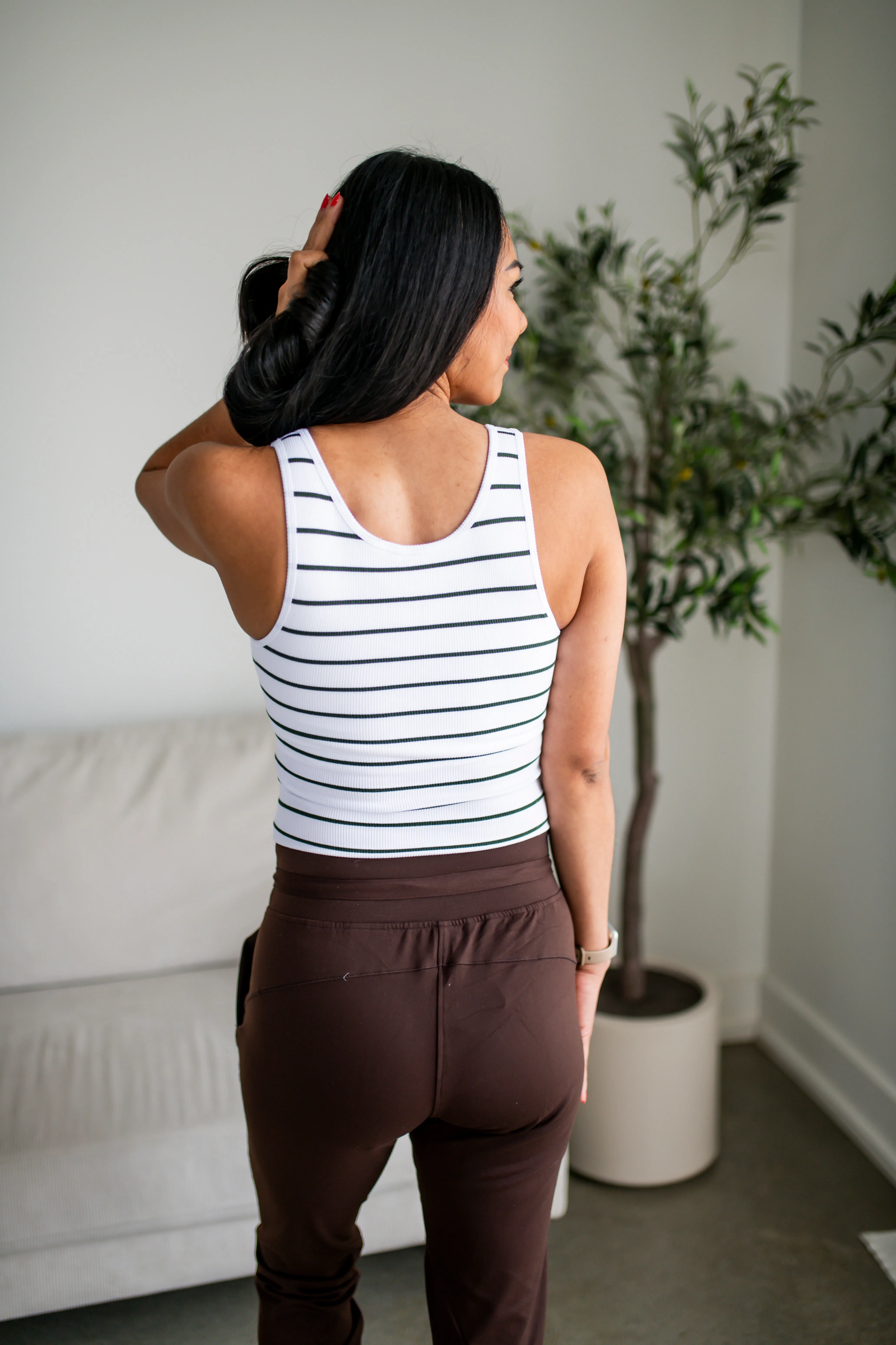 White and Moss Stripe Seamless Ribbed Tank Top