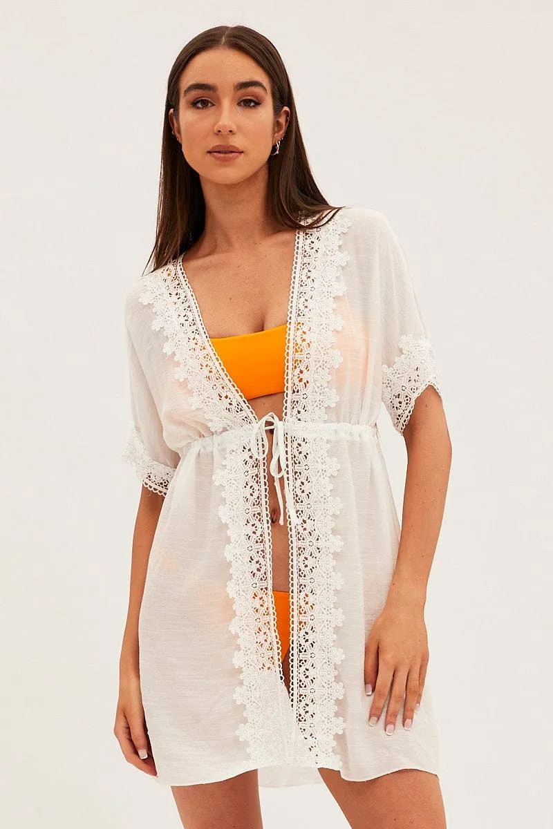 White Tie Front Lace Kimono