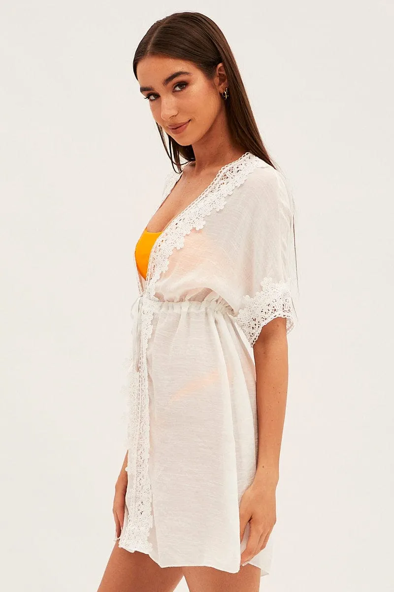 White Tie Front Lace Kimono