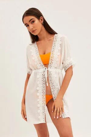 White Tie Front Lace Kimono