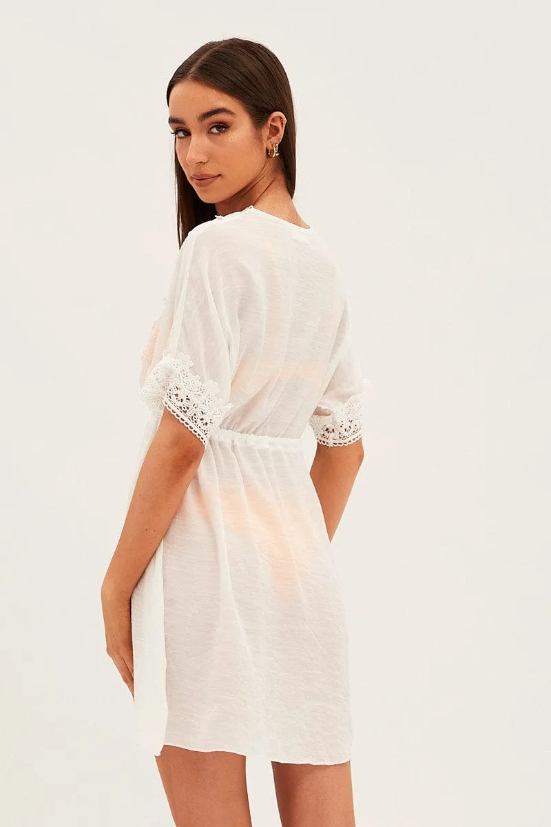 White Tie Front Lace Kimono