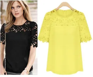 Women Lace Blouses Plus Size Hollow Crochet Short Sleeve Shirt Top Blouse S-5XL