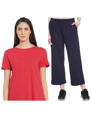 Women Red Cotton T-shirt with TOP STITCHED JERSEY CULOTTES (NAVY)