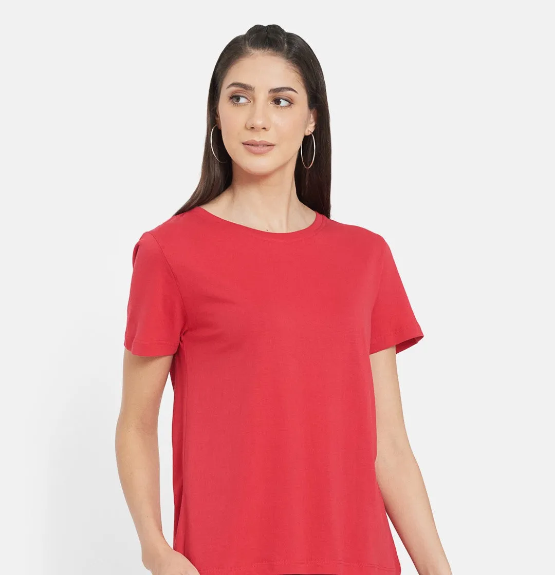 Women Red Cotton T-shirt with TOP STITCHED JERSEY CULOTTES (NAVY)