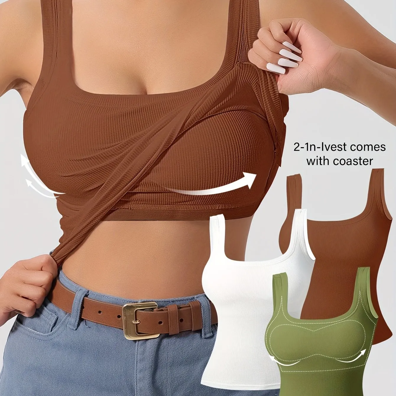 Women's 3pcs Ribbed U-Back Tank Tops With Removable Pads, Slim Fit, Solid Colors, Casual, Layering & Outerwear Camisoles