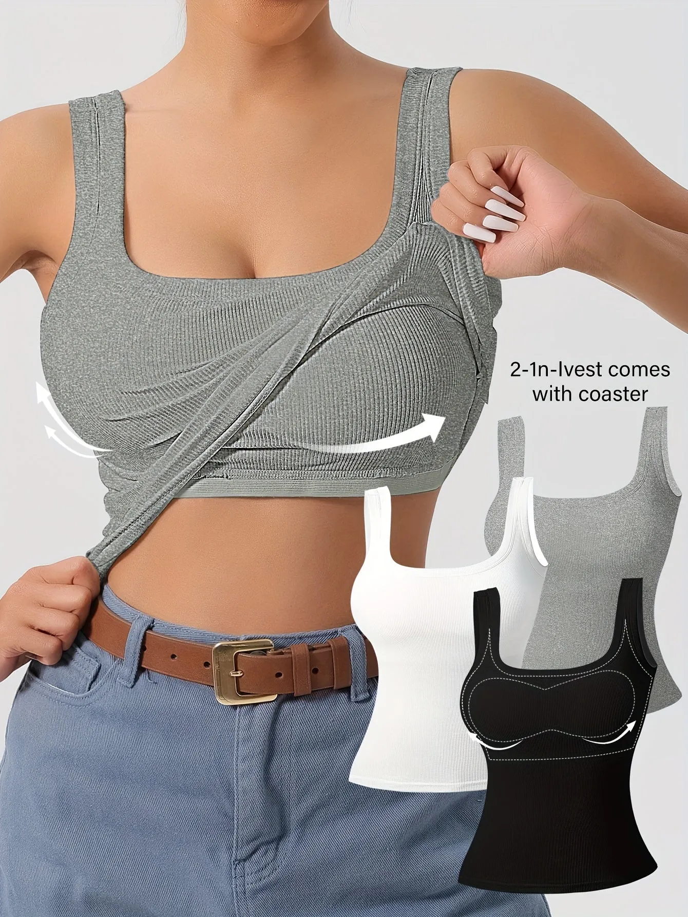 Women's 3pcs Ribbed U-Back Tank Tops With Removable Pads, Slim Fit, Solid Colors, Casual, Layering & Outerwear Camisoles