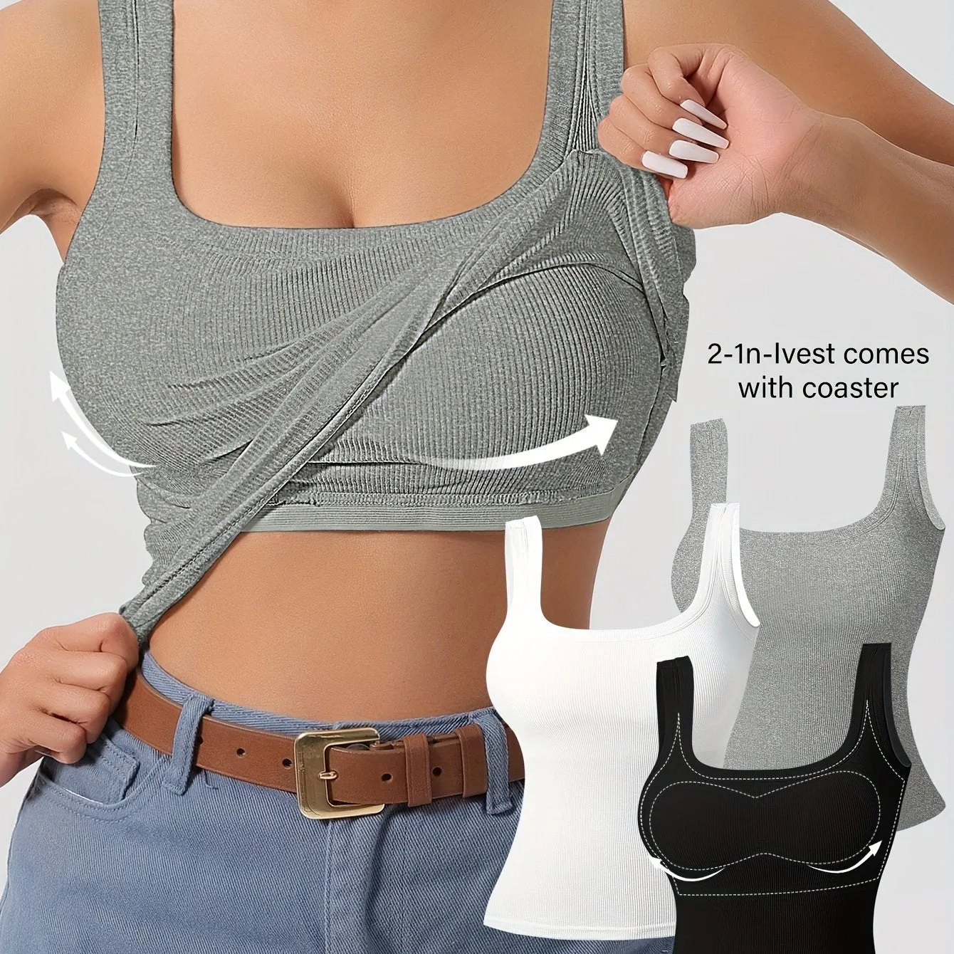 Women's 3pcs Ribbed U-Back Tank Tops With Removable Pads, Slim Fit, Solid Colors, Casual, Layering & Outerwear Camisoles
