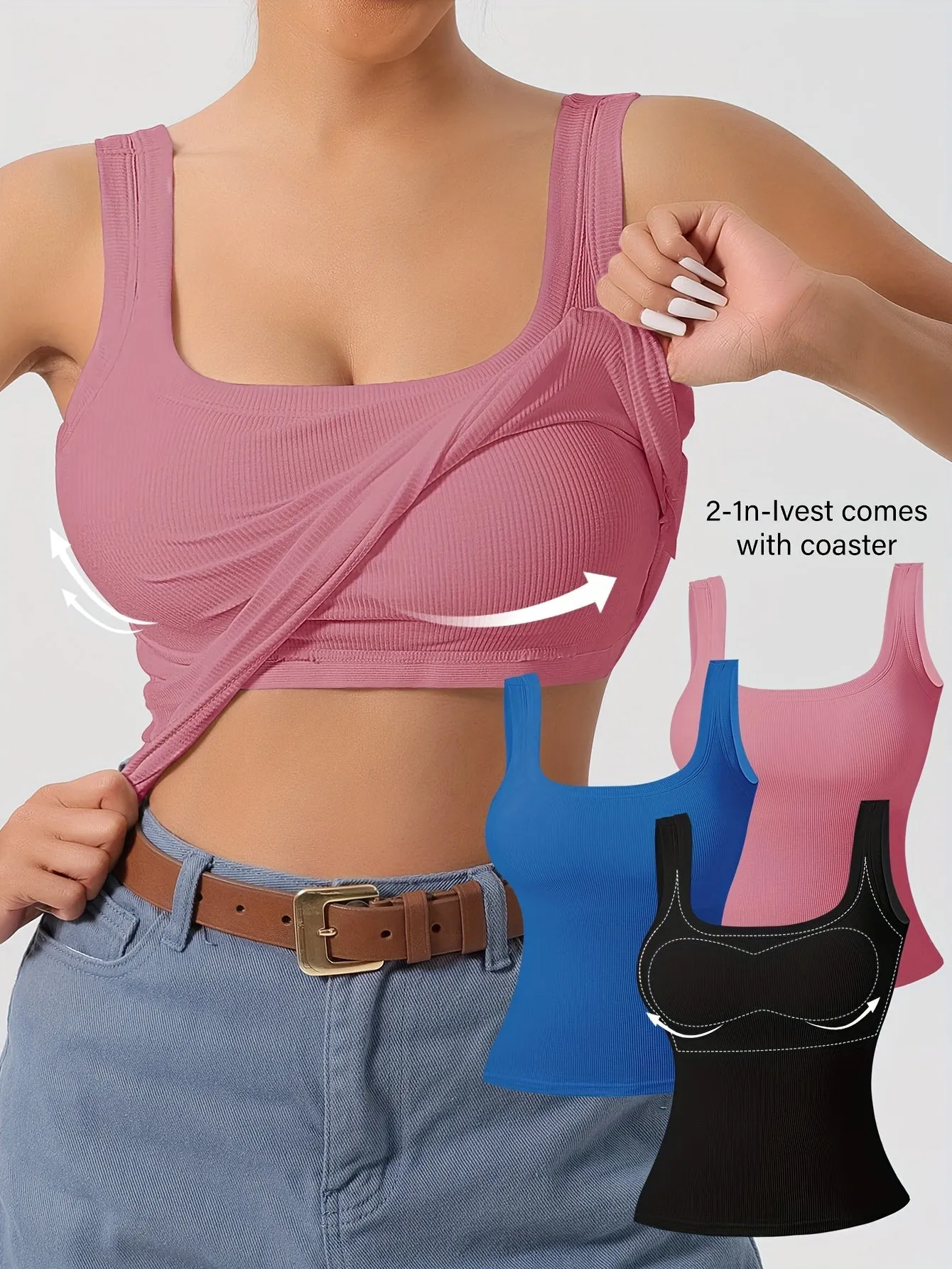 Women's 3pcs Ribbed U-Back Tank Tops With Removable Pads, Slim Fit, Solid Colors, Casual, Layering & Outerwear Camisoles