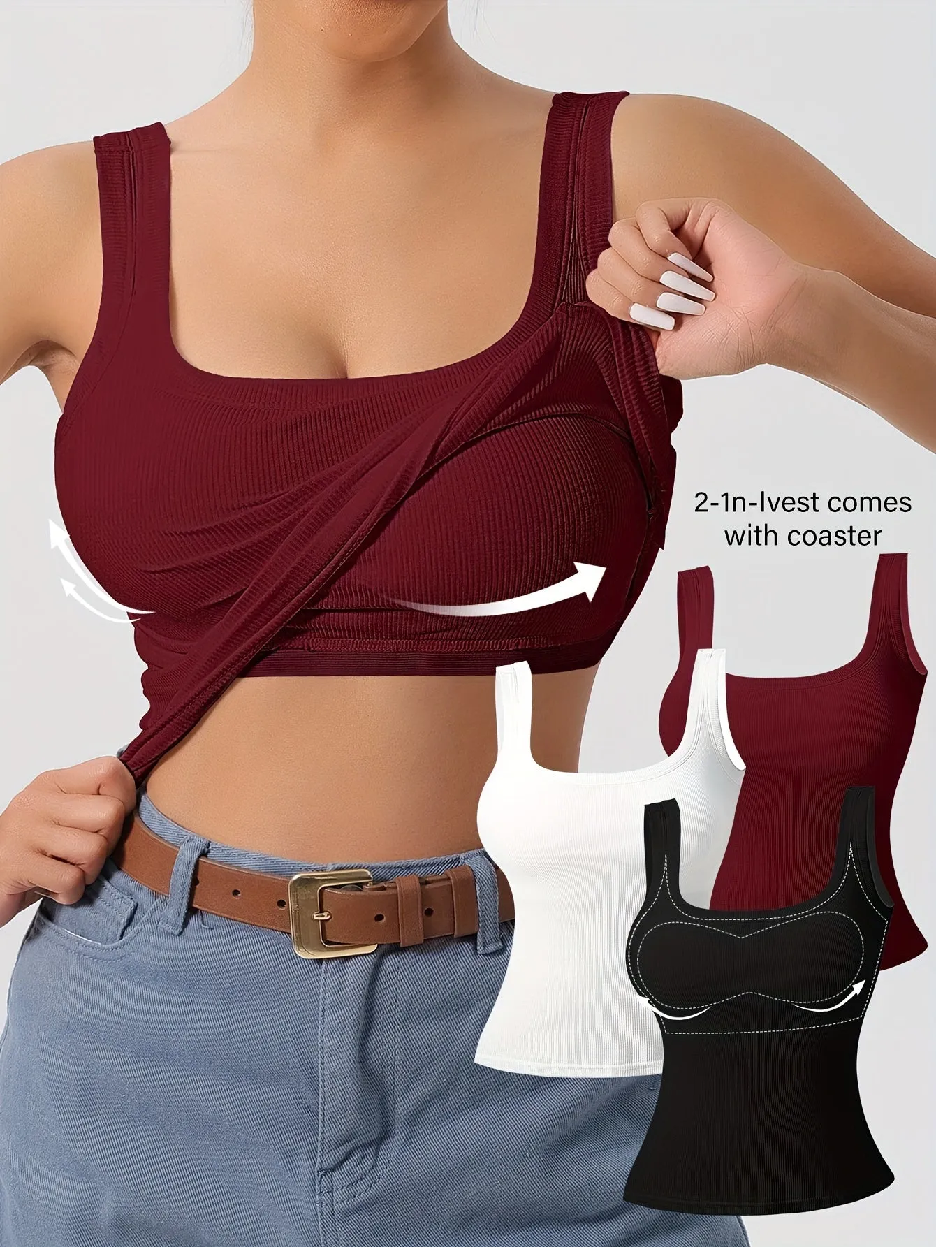 Women's 3pcs Ribbed U-Back Tank Tops With Removable Pads, Slim Fit, Solid Colors, Casual, Layering & Outerwear Camisoles